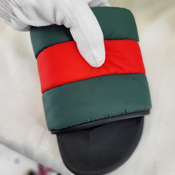 GUCCI PUFFER NYLON WEB SLIDES SANDALS - GREEN/RED -WOMEN’S SZ 38 US 8 - Picture 9 of 10